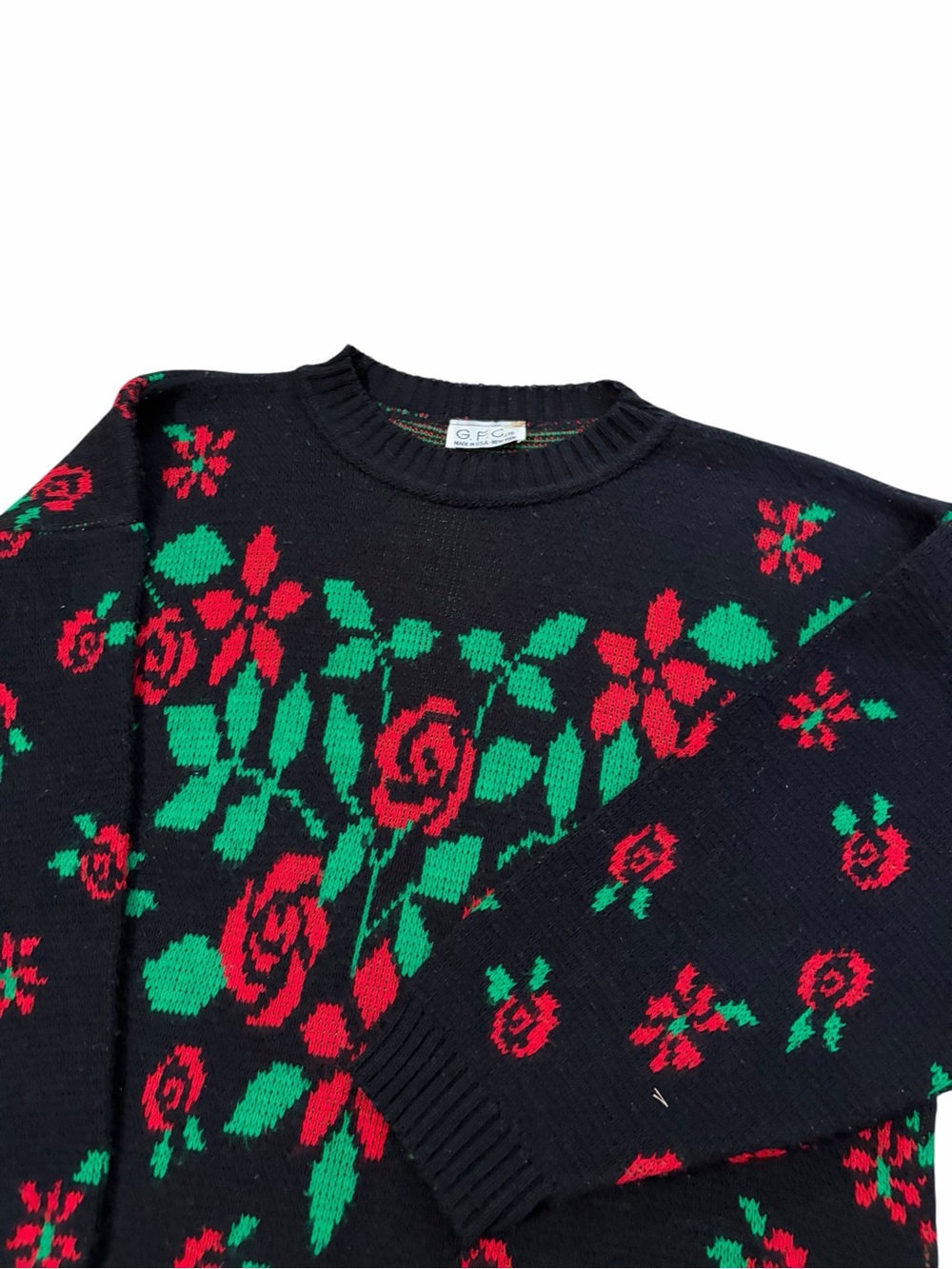 VTG Rose AOP Knit Crewneck Sweater Womens Large Black Floral 80s Pullover